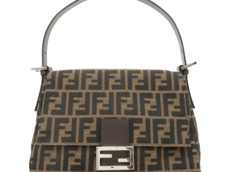 FENDI Mamma Baguette Zucca Canvas Leather Bag Brown Black 26325 Hot on Sale