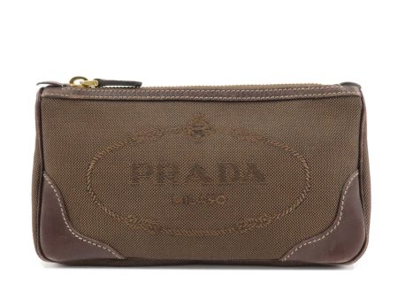 PRADA Logo Jaquard Leather Pouch Brown Online