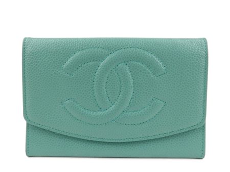 CHANEL Caviar Skin Coco Mark Bi-fold Wallet Green Cheap