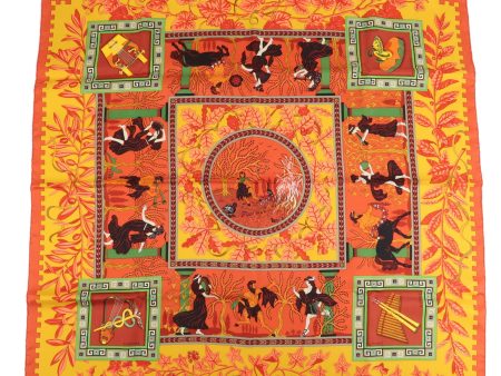 HERMES Carre 90 Silk 100% Scarf MUSIQUE DES DIEUX Red Orange on Sale