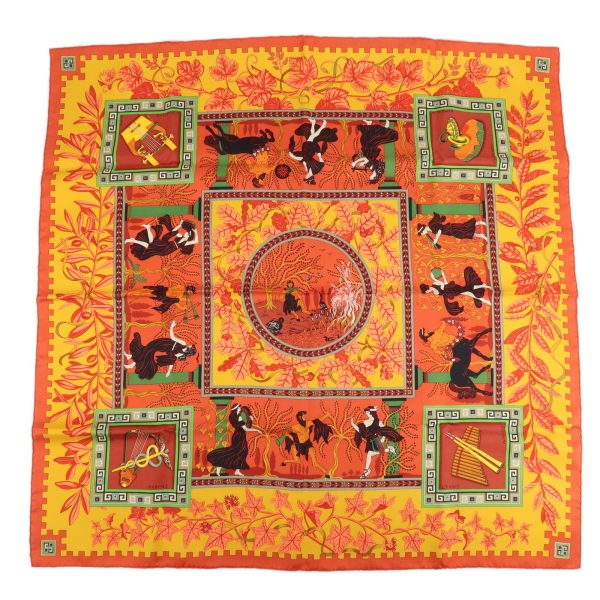 HERMES Carre 90 Silk 100% Scarf MUSIQUE DES DIEUX Red Orange on Sale