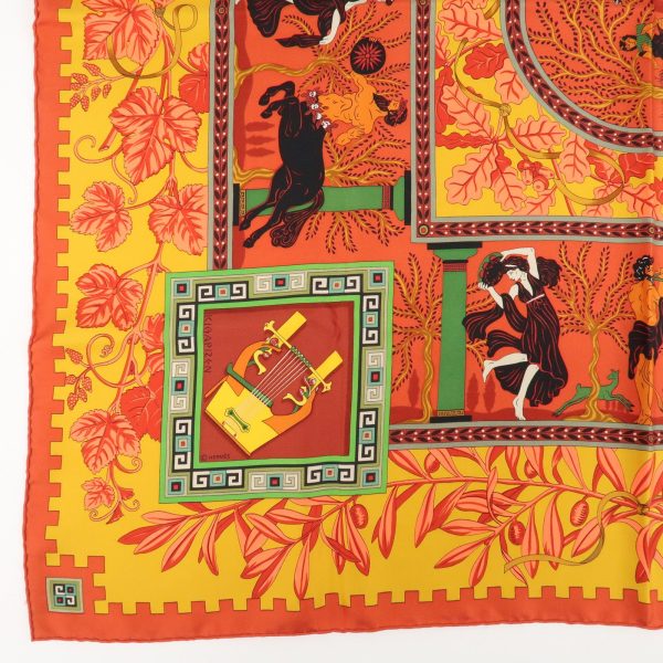 HERMES Carre 90 Silk 100% Scarf MUSIQUE DES DIEUX Red Orange on Sale