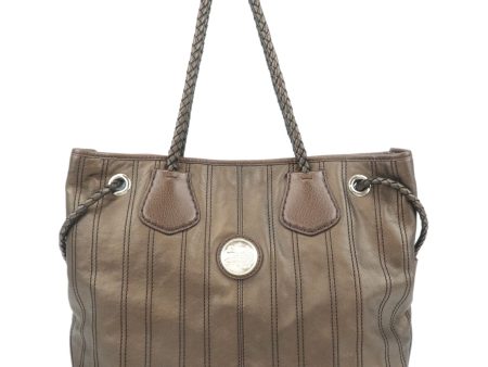 CELINE Logo Plate Leather Shoulder Bag Tote Bag Metallic Brown on Sale