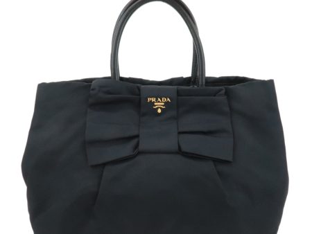 PRADA Logo Nylon Leather Ribbon Tote Bag Hand Bag Black Online