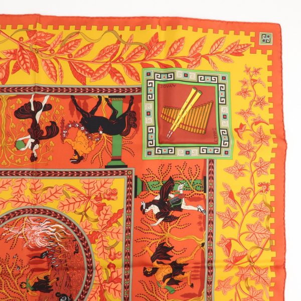 HERMES Carre 90 Silk 100% Scarf MUSIQUE DES DIEUX Red Orange on Sale