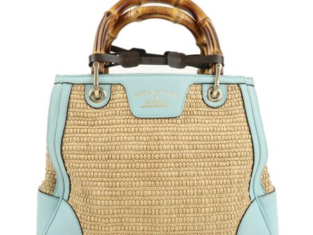 GUCCI Bamboo Raffia Leather Small Shopper Hand Bag Blue 336032 For Discount