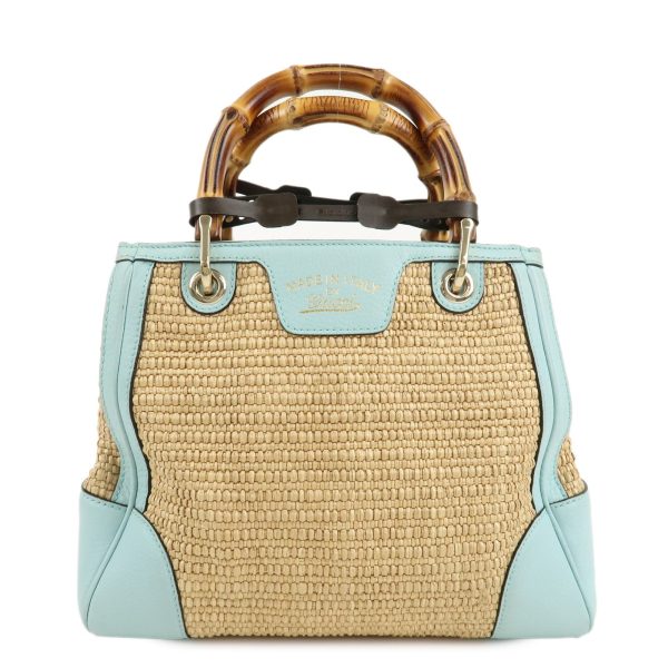 GUCCI Bamboo Raffia Leather Small Shopper Hand Bag Blue 336032 For Discount