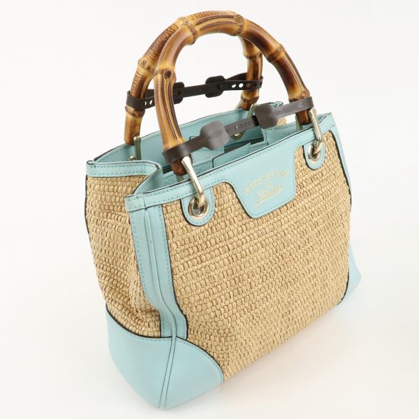 GUCCI Bamboo Raffia Leather Small Shopper Hand Bag Blue 336032 For Discount