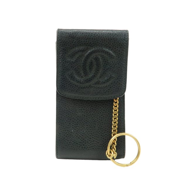 CHANEL Caviar Skin Coco Mark Cigarette Case Mobile Case Green Cheap