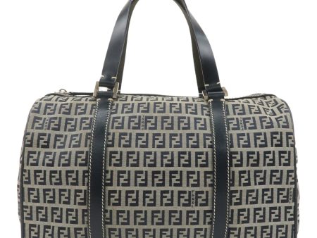 FENDI Zucchino Canvas Leather Boston Bag Beige Navy 16327 Cheap